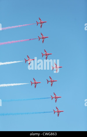 The Royal Air Force's Red Arrows aerial display team in action at Lowestoft, Suffolk, England, In July 2008