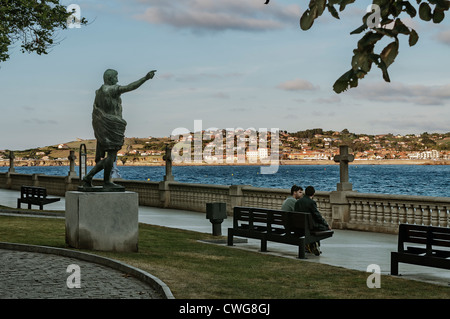 Statue of Cayo Julio César Augusto overlooking San Lorenzo Bay in Gijón city, Principality Asturias, Spain, Europe Stock Photo