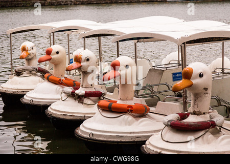 Swan paddle boats line up at Beihai Park in Beijing, China Stock Photo