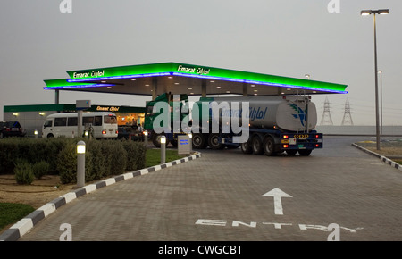 Dubai, the Group Emarat gas station entrance in the evening light Stock Photo