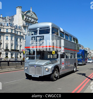 London Routemaster bus painted silver and operated by First group running on route nine Stock Photo