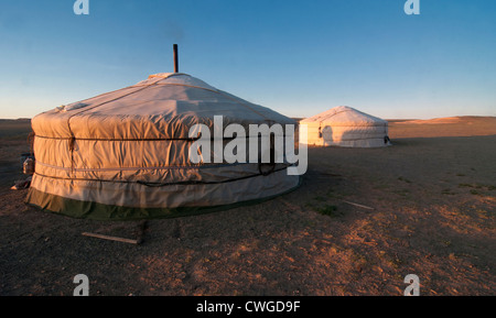 nomadic gers at sunrise in the Gobi Desert of Mongolia