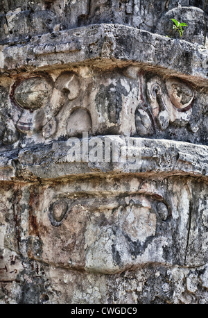 Face of Chaac the Mayan rain god carved in stone, Temple of the Frescoes, Tulum, Yucatan Peninsula, Quintana Roo, Mexico Stock Photo