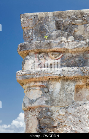 Face of Chaac the Mayan rain god carved in stone, Temple of the Frescoes, Tulum, Yucatan Peninsula, Quintana Roo, Mexico Stock Photo