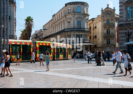 A colourful tram in the Place de la Comédie, Montpellier, France. Stock Photo