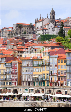waterfront houses shops and cafes Cais da Ribeira Porto Portugal Stock Photo