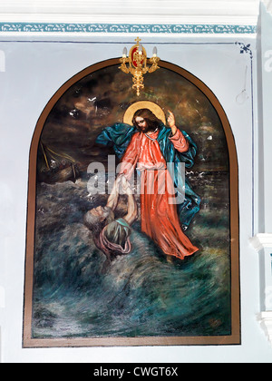 Samos Greece Pagondas Holy Trinity Church Icon Jesus Christ Walking On Water Pulling Saint Peter Out Of The Sea Stock Photo