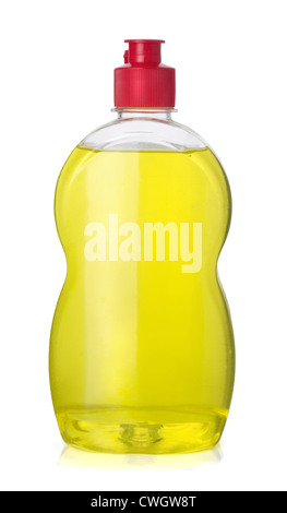 Full bottle of yellow dishwashing liquid isolated on white Stock Photo