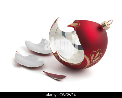 Broken red glass Christmas ball isolated on white Stock Photo
