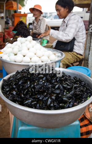 Vertical close up of a pile of deep fried beetles in a bowl for sale at a market stall in Cambodia. Stock Photo