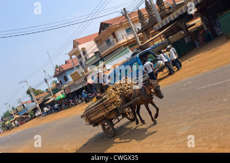 Horizontal wide angle view of a typical street scene in Cambodia with two workers with their pony and carts driving passed. Stock Photo