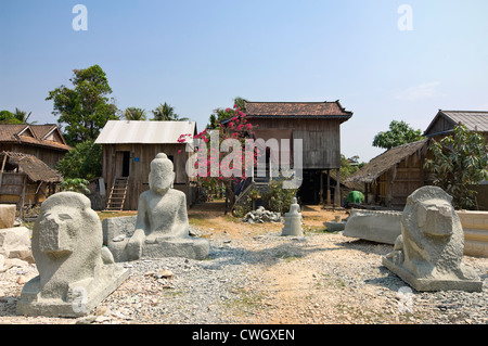 Horizontal wide angle view of a typical street scene in Kakaoh stonemasons village in Cambodia Stock Photo
