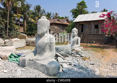 Horizontal wide angle view of a typical street scene in Kakaoh stonemasons village in Cambodia Stock Photo
