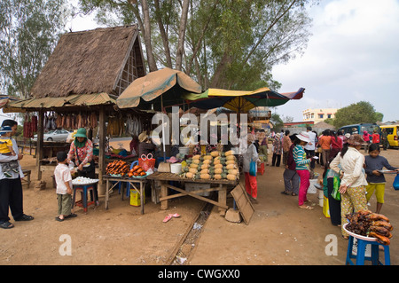 Horizontal wide angle view of a typical roadside market selling daily produce in Cambodia Stock Photo