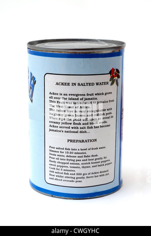 A Tin Of Fresh Ackees In Salted Water Showing Recipe On Label For Jamaican National Dish Stock Photo