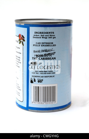 A Tin Of Fresh Ackees In Salted Water Showing Ingredients On Label Stock Photo