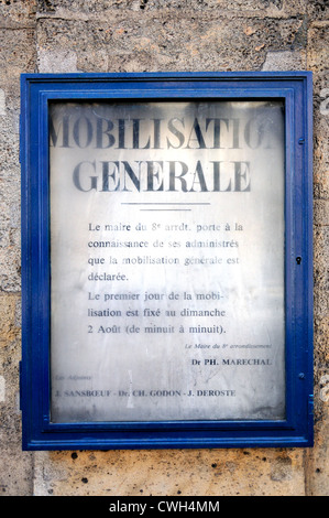 Paris, France. Mobilisation Generale / General Mobilisation Order, 2nd August 1914 at No. 1 Rue Royale. Stock Photo