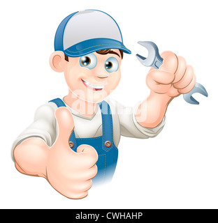 Illustration of a happy plumber, mechanic or handyman in work clothes holding a spanner and giving thumbs up Stock Photo