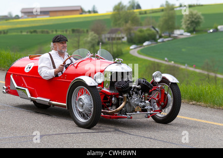 Vintage tricycle race car Morgan Super Sport from 1933 at Grand Prix in Mutschellen, SUI on April 29, 2012 Stock Photo