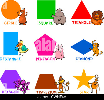 Cartoon Illustration of Basic Geometric Shapes with Captions and Animals Comic Characters for Children Education Stock Photo