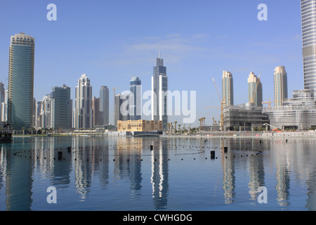 Emirates. Dubai. Skyscrapers on the background of the pool near the Burj Dubai Stock Photo