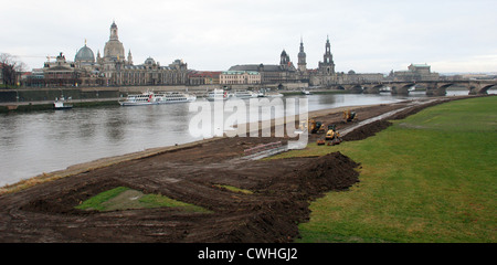 Dresden, Urban Landscape and construction work on the dike Stock Photo