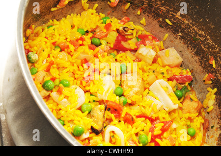 Close up of traditionally cooked paella Stock Photo