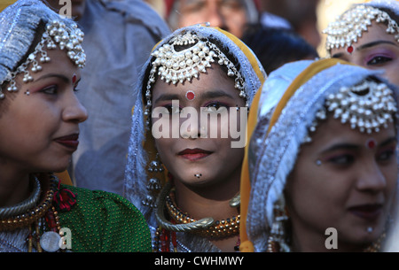 A group of Rajasthani dancers waiting for their dance performance at Desert Festival, Jaisalmer, Rajasthan, India Stock Photo