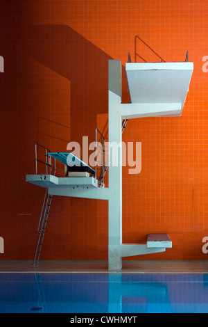 indoor swimming pool,diving board,diving tower Stock Photo