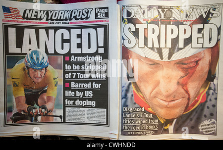 New York daily newspapers report on seven time Tour de France winner Lance Armstrong being stripped of his medals Stock Photo