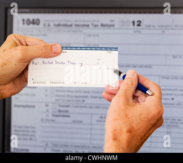 Electronic tax form 1040 for 2012 for US individual return on screen with check payable to US Treasury Stock Photo