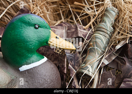 duck decoy with stuffed and some calls Stock Photo