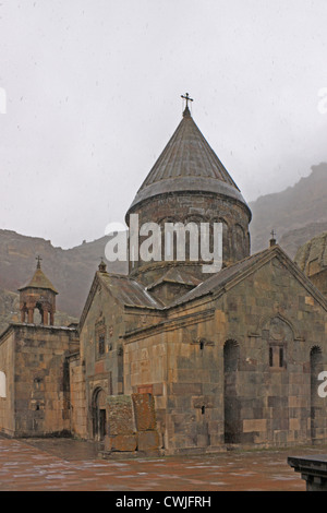 Armenia. Gegard Monastery - spear in the snow. Included in the UNESCO list of World Cultural Heritage Stock Photo