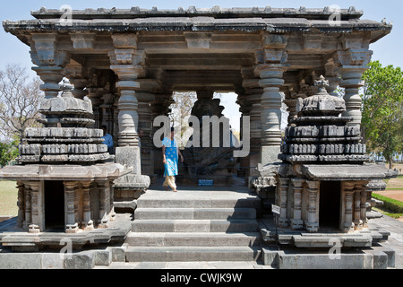 Nandi Bull monolith. Hoysaleswara temple. Halebidu. India Stock Photo
