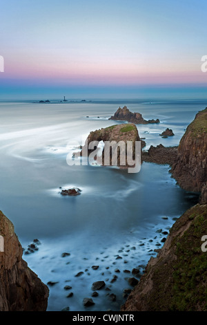 Enys Dodman, the Armed Knight and Longships rocks off the coast of Lands End in Cornwall Stock Photo