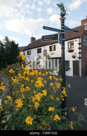 Bright yellow daises and a fingerpost infront of an old cottage and canal side pub by the Red House Glass Cone, Stourbridge Stock Photo