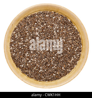 chia seeds (Salvia Hispanica) in a round ceramic bowl isolated on white Stock Photo