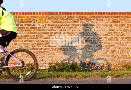 Shadow of cyclist on a red brick wall at sunset Stock Photo