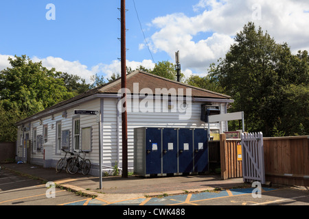 Bicycle lockers at the entrance to old rural railway station at Pluckley, near Ashford, Kent, England, UK, Britain Stock Photo