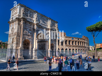 HDR of The Arch of Constantine, (Arco di Costantino) with The Colosseum in the background, Rome, Italy, Europe Stock Photo