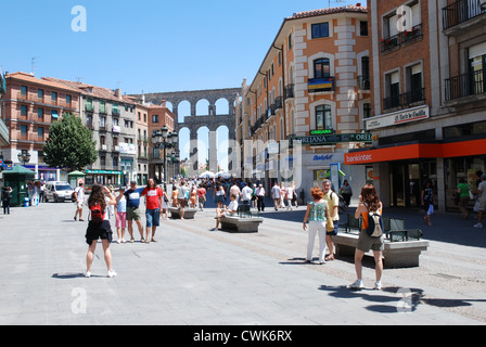 People at Azoguejo Square. Segovia, Castilla Leon, Spain. Stock Photo