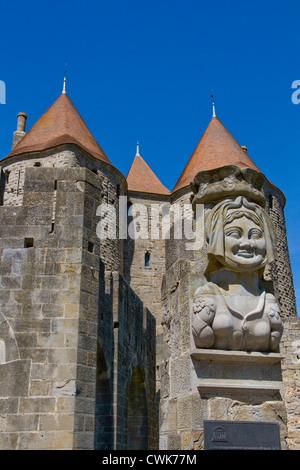 Statue at Narbonne Gate at Carcassonne in the Languedoc Roussillon region of South West France Stock Photo