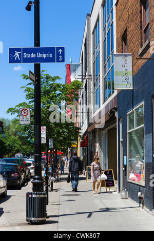 Shops on Boulevard Saint-Laurent in the Plateau Mont-Royal district north of Rue Sherbrook, Montreal, Quebec, Canada Stock Photo