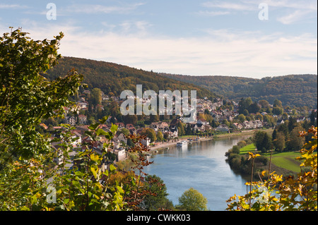 View of the Neckar River and Neckarsteinach from Hinterburg Castle, Germany. Stock Photo