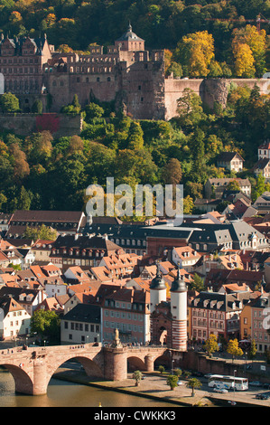 View of the Alte Brucke or Old Bridge in Old Town from the Philosophenweg, Heidelberg, Germany. Stock Photo