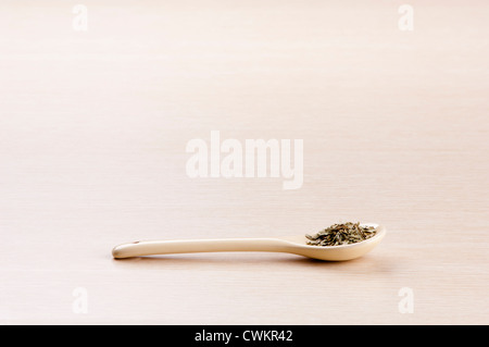 Tarragon in a spoon over a blurred wooden background with copy space Stock Photo