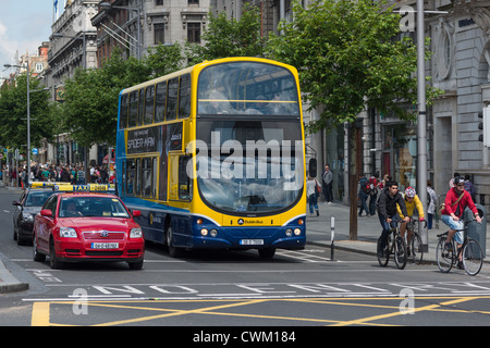 Dublin bus and Taxi cabs on O'Connell st, Dublin city centre, Republic of Ireland. Stock Photo