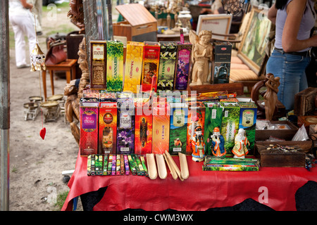 Variety of incense sticks for sale at outdoor country fair (Rynek). Spala Central Poland Stock Photo