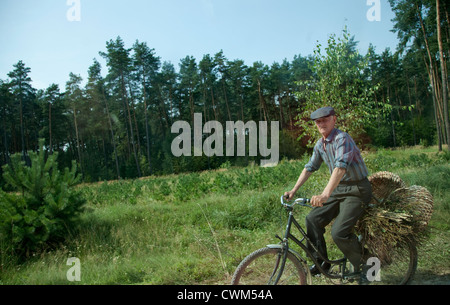 Senior man ridding bicycle carrying a couple of baskets and a load of field sticks. Zawady Central Poland Stock Photo
