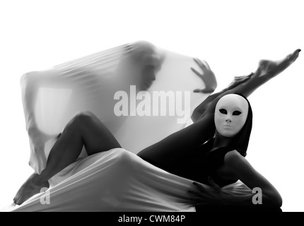 dancer performer mime with mask acting couple lovers conceptual in studio isolated on white background Stock Photo